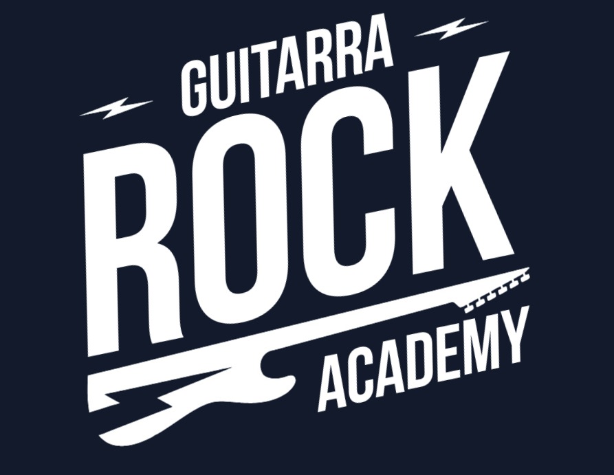 Design gráfico para "guitarra rock academy" com texto estilizado e uma silhueta de guitarra elétrica.
