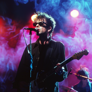 Um músico usando óculos escuros se apresenta no palco com uma guitarra, iluminado por luzes coloridas e cercado por efeitos de fumaça, uma reminiscência das performances assombrosas do Electrafixion lideradas por Ian McCulloch.