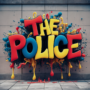 Texto 3D colorido "THE POLICE" com respingos de tinta contra uma parede de tijolos, inspirado na banda The Police.